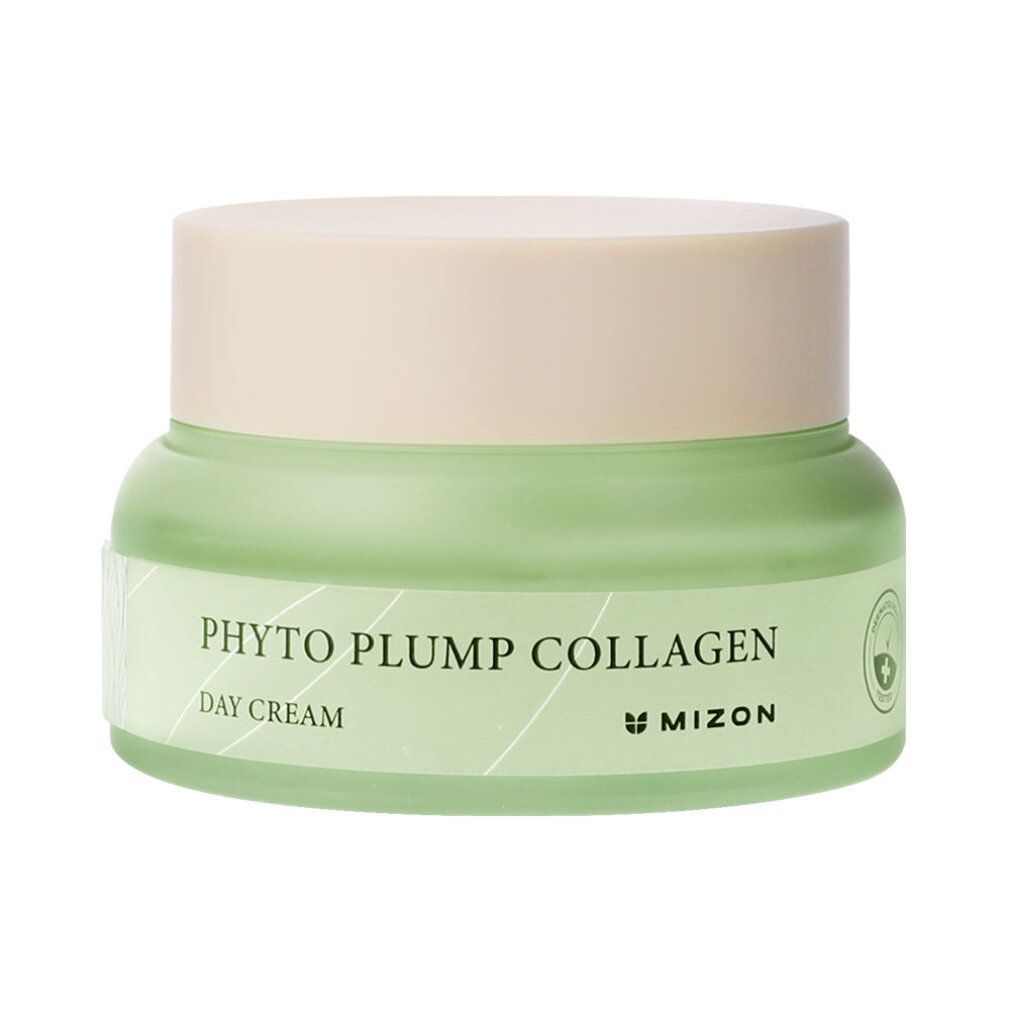 Grünes Cremeglas mit beigem Deckel. Aufschrift: Phyto Plump Collagen Day Cream. Marke: Mizon.