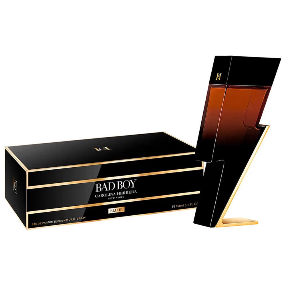 Schwarze rechteckige Schachtel und Blitzförmiger Flakon. Goldene Akzente. Aufschrift: Carolina Herrera, Bad Boy Elixir.