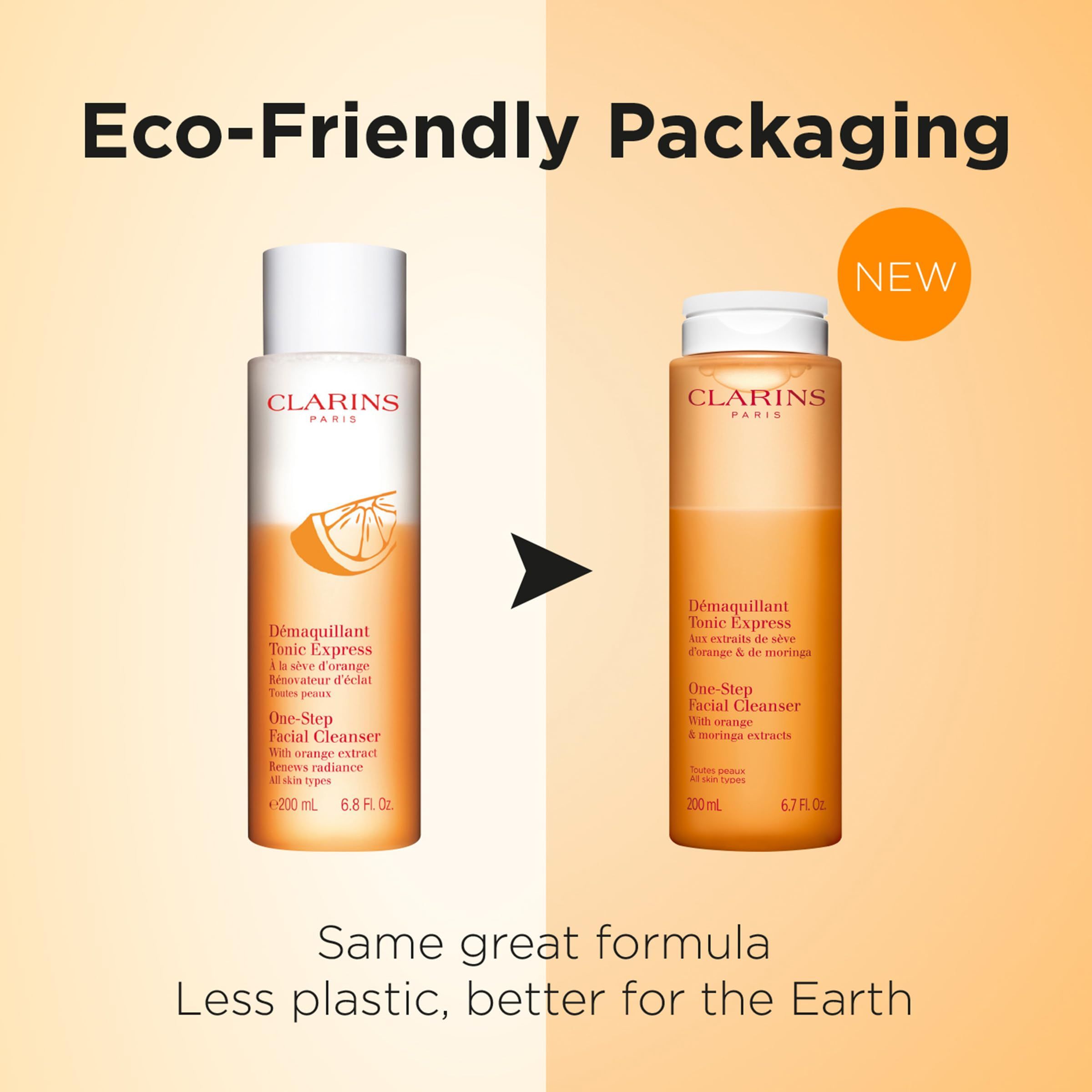 Zwei Flaschen nebeneinander. Aufschrift: Clarins, D
emaquillant Tonic Express. Text: Eco-Friendly Packaging, Same great formula.