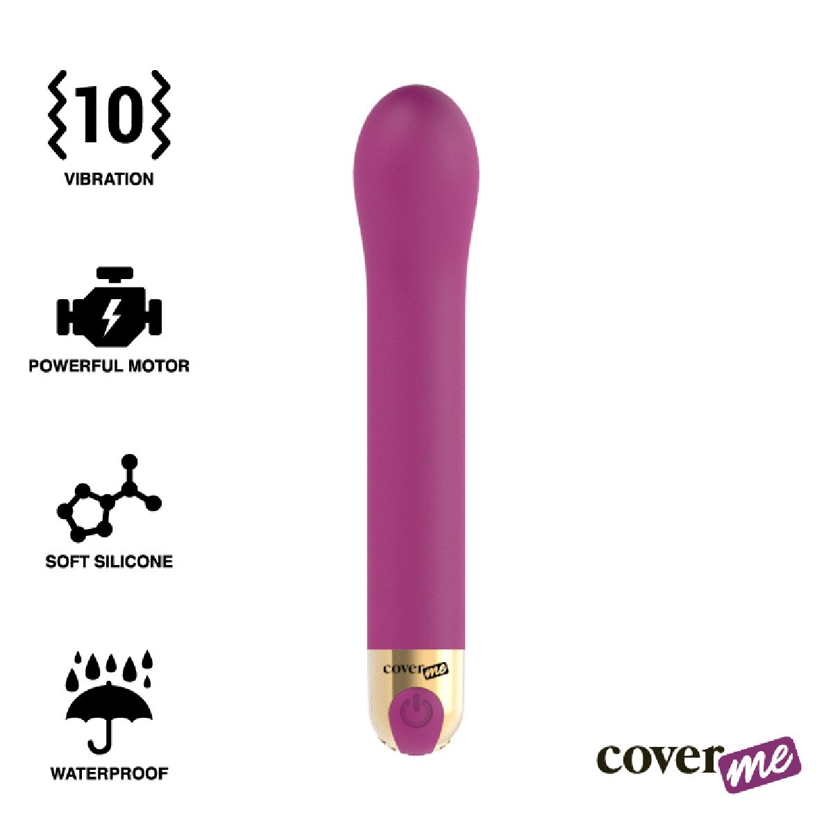 Lila Vibrator mit goldfarbenem Unterteil. Text: Cover Me, 10 Vibrationen, leistungsstarker Motor, weiches Silikon, wasserdicht.