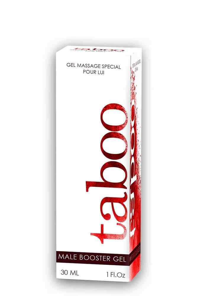 Weiße Verpackung mit rotem Aufdruck "taboo". Text: "GEL MASSAGE SPECIAL POUR LUI" und "MALE BOOSTER GEL".