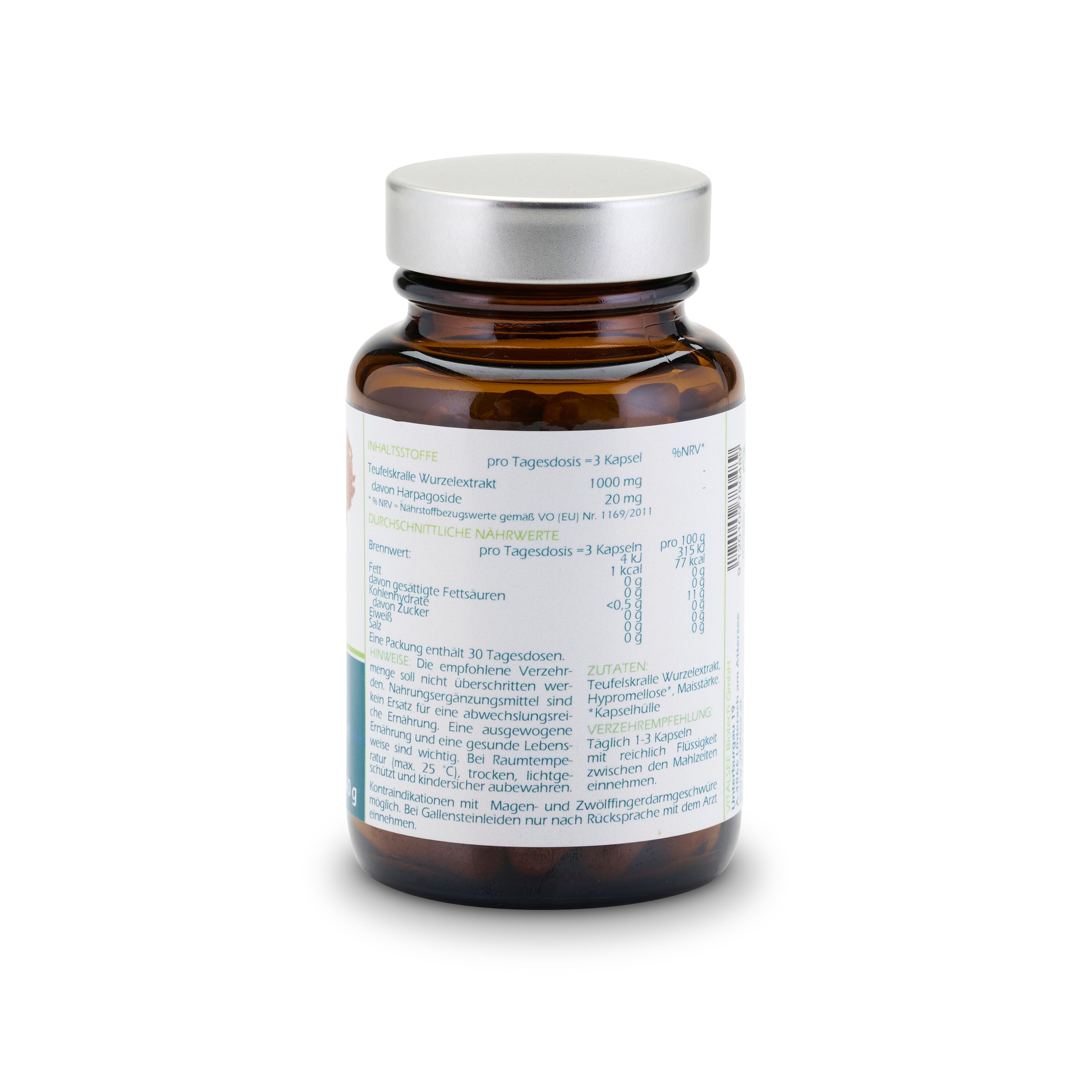 Rückseite einer braunen Glasflasche mit silbernem Deckel. Etikett mit Produktinformationen und Nährwertangaben.