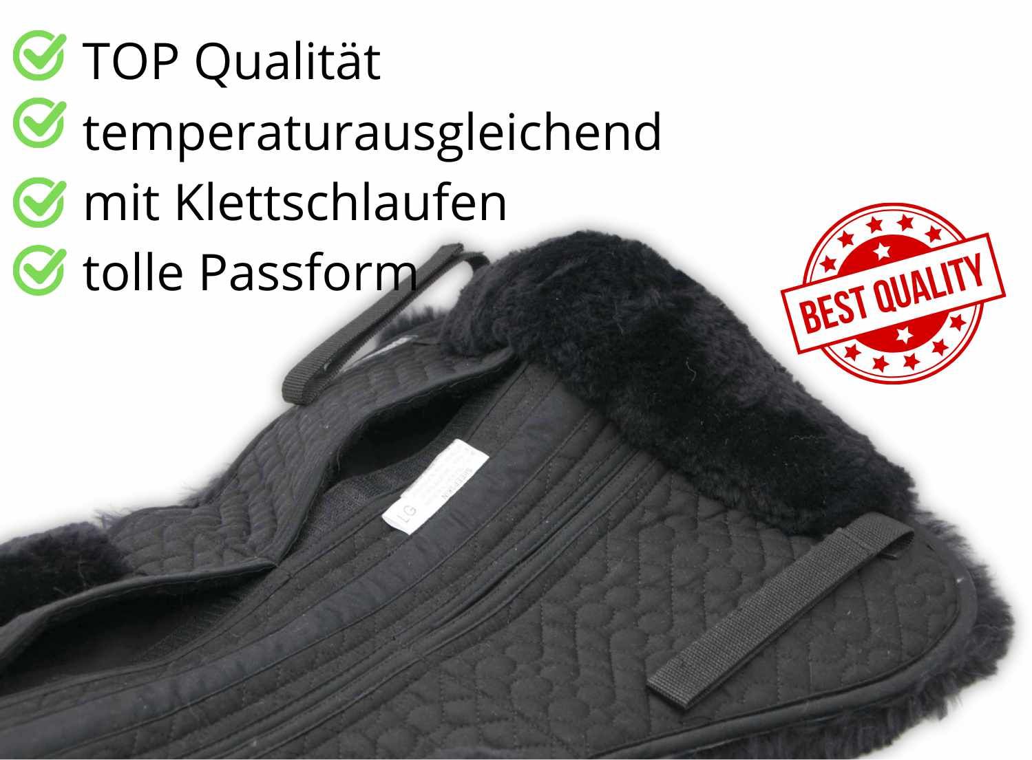 Schwarzes Sattelkissen mit Fellrand. Klettverschlüsse. Best Quality-Siegel.