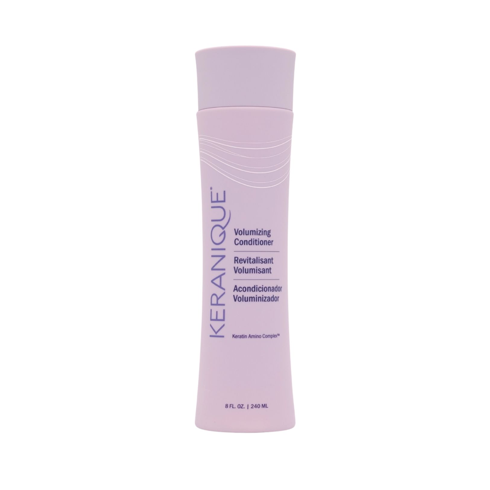 Lila Flasche "Volumizing Conditioner". Text: "Keranique", "Revitalisant Volumisant", "Acondicionador Voluminizador".