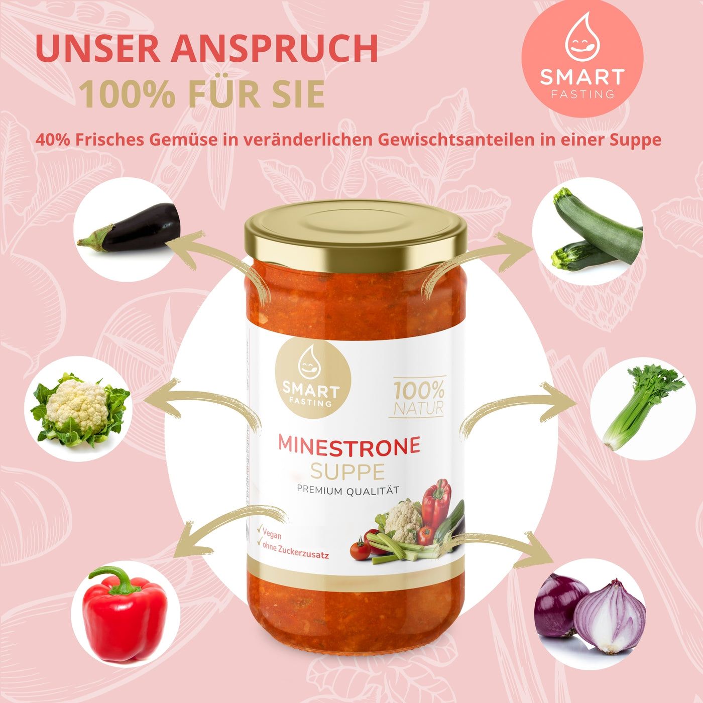 Glas Smart Fasting Minestrone Suppe mit Gemüse. Abbildung von Gemüse, das in der Suppe enthalten ist. Aufschrift: 100% für Sie.