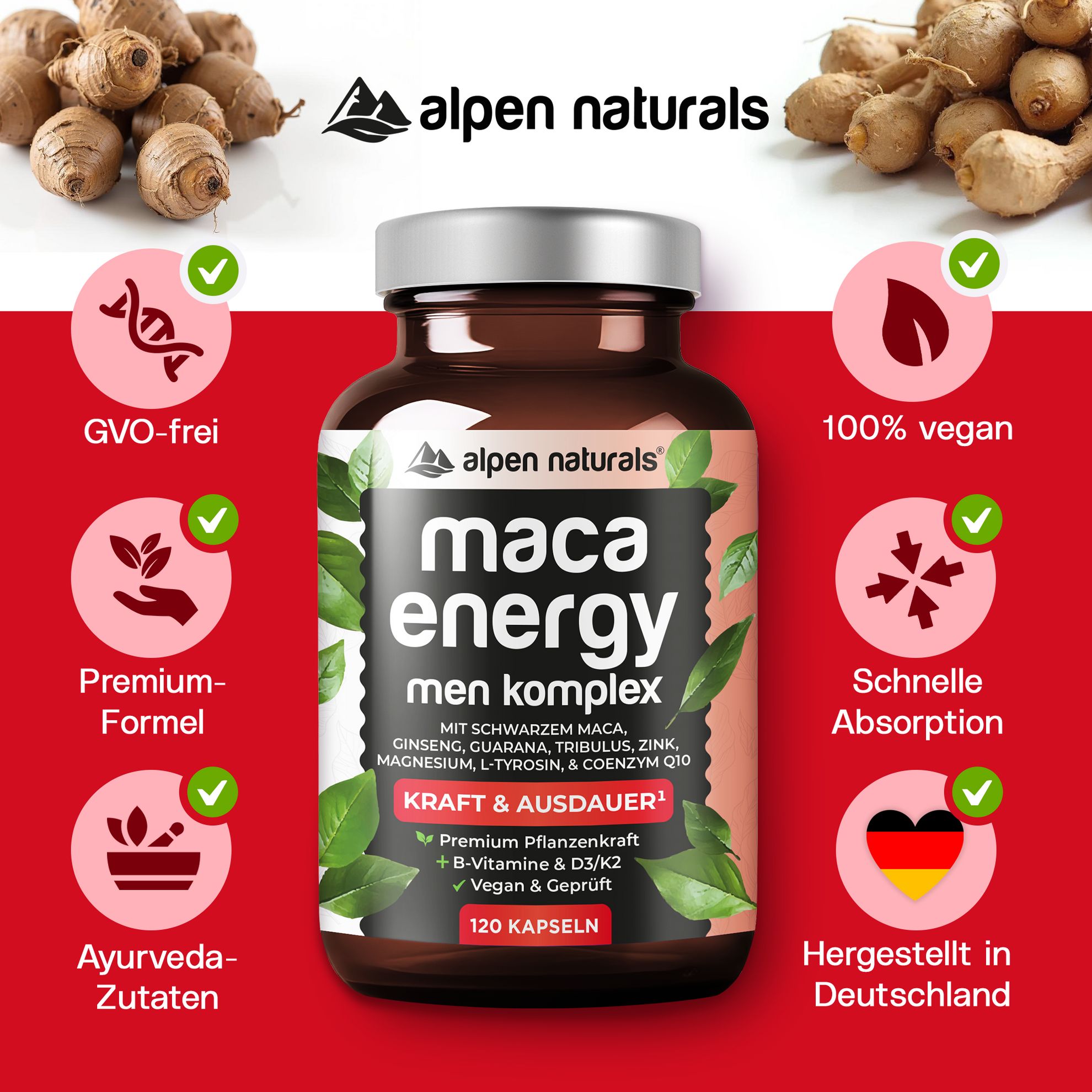 Produktflasche mit Aufschrift: Maca Energy Men Komplex. GVO-frei, Premium-Formel, Ayurveda-Zutaten, 100% vegan, schnelle Absorption.