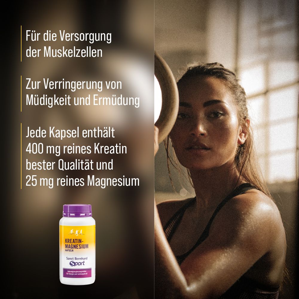 Eine Frau trainiert neben einer Flasche Kreatin-Magnesium-Kapseln. Text: 400 mg reines Kreatin und 25 mg reines Magnesium.