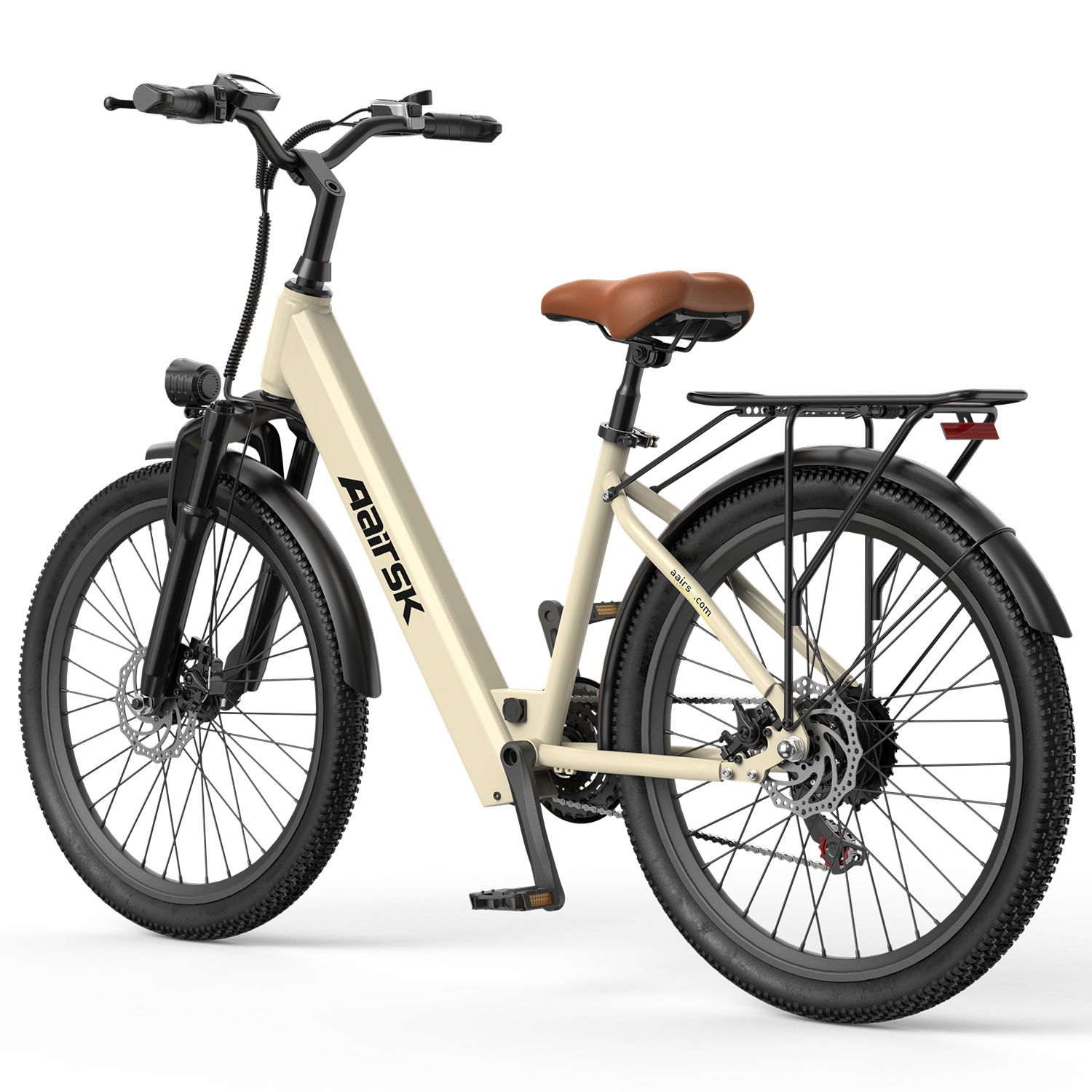 Beige Elektrofahrrad mit schwarzem Rahmen, braunem Sattel und Gepäckträger. Marke Aairsk.