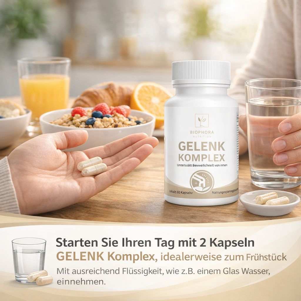 Eine Person hält zwei Kapseln. Auf dem Tisch stehen ein Glas Wasser, ein Glas Saft und eine Schüssel mit Müsli.