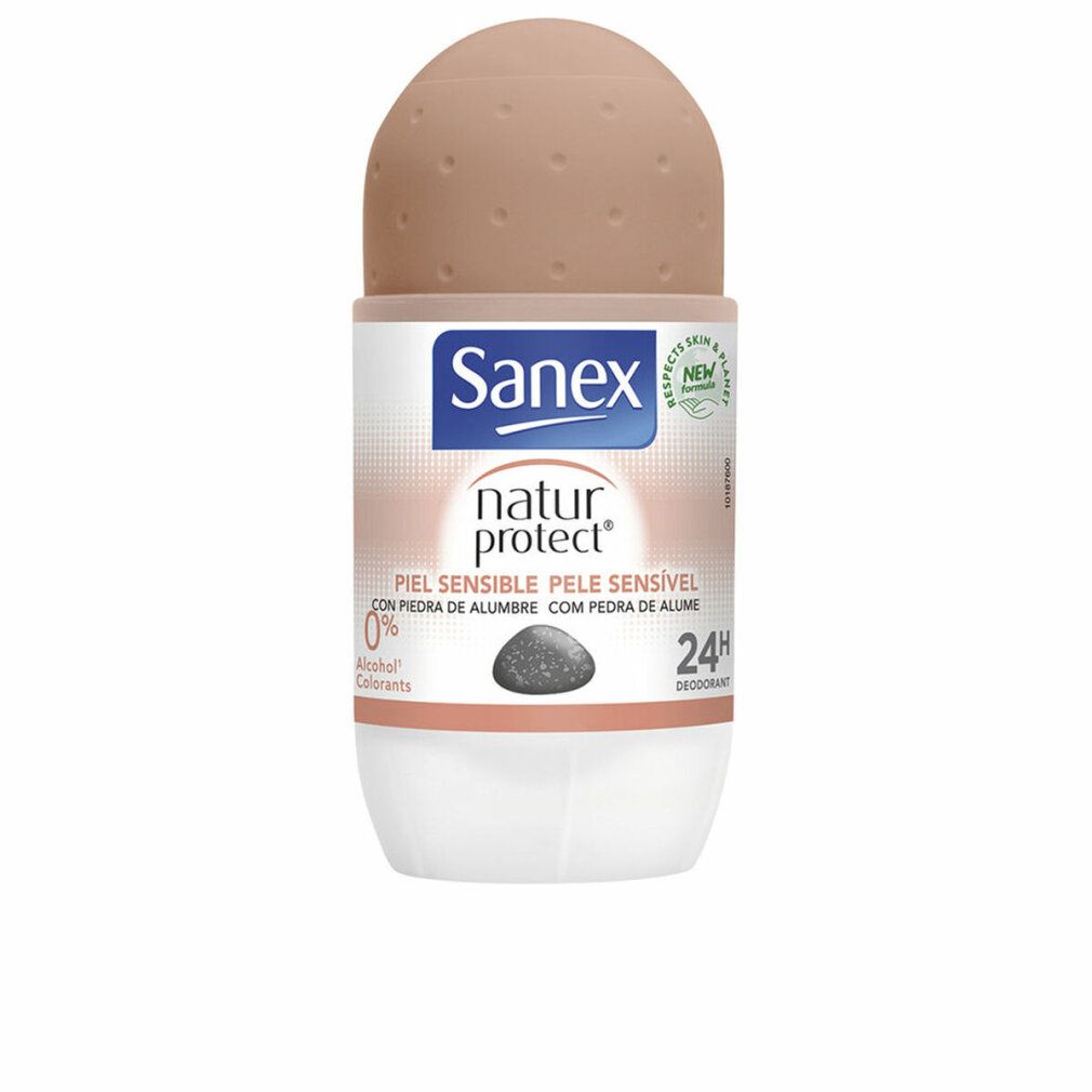 Sanex Natur Protect Sensitive Haut Deodorant-Roller. Weiß-rosa Flasche mit braunem Rollkopf. Text: 24h, 0% Alcohol, Piel Sensible.