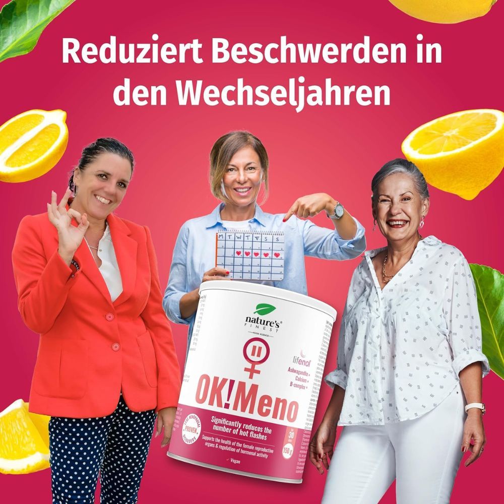 Dose "OK!Meno" in den Händen von drei Frauen. Text: Reduziert Beschwerden in den Wechseljahren. Zitronen im Hintergrund.