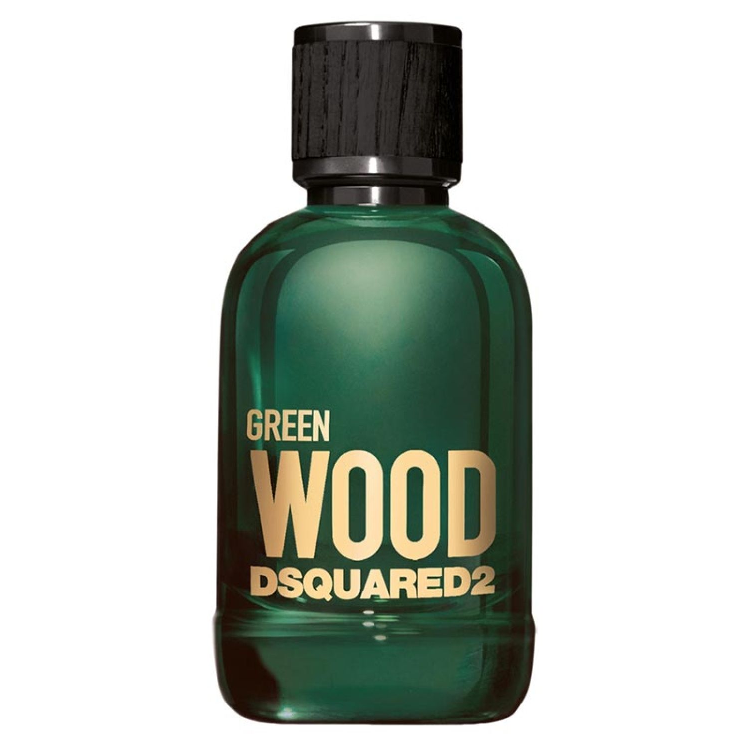 Grünes Parfümflakon mit schwarzem Holzdeckel. Goldener Schriftzug: GREEN WOOD DSQUARED2.