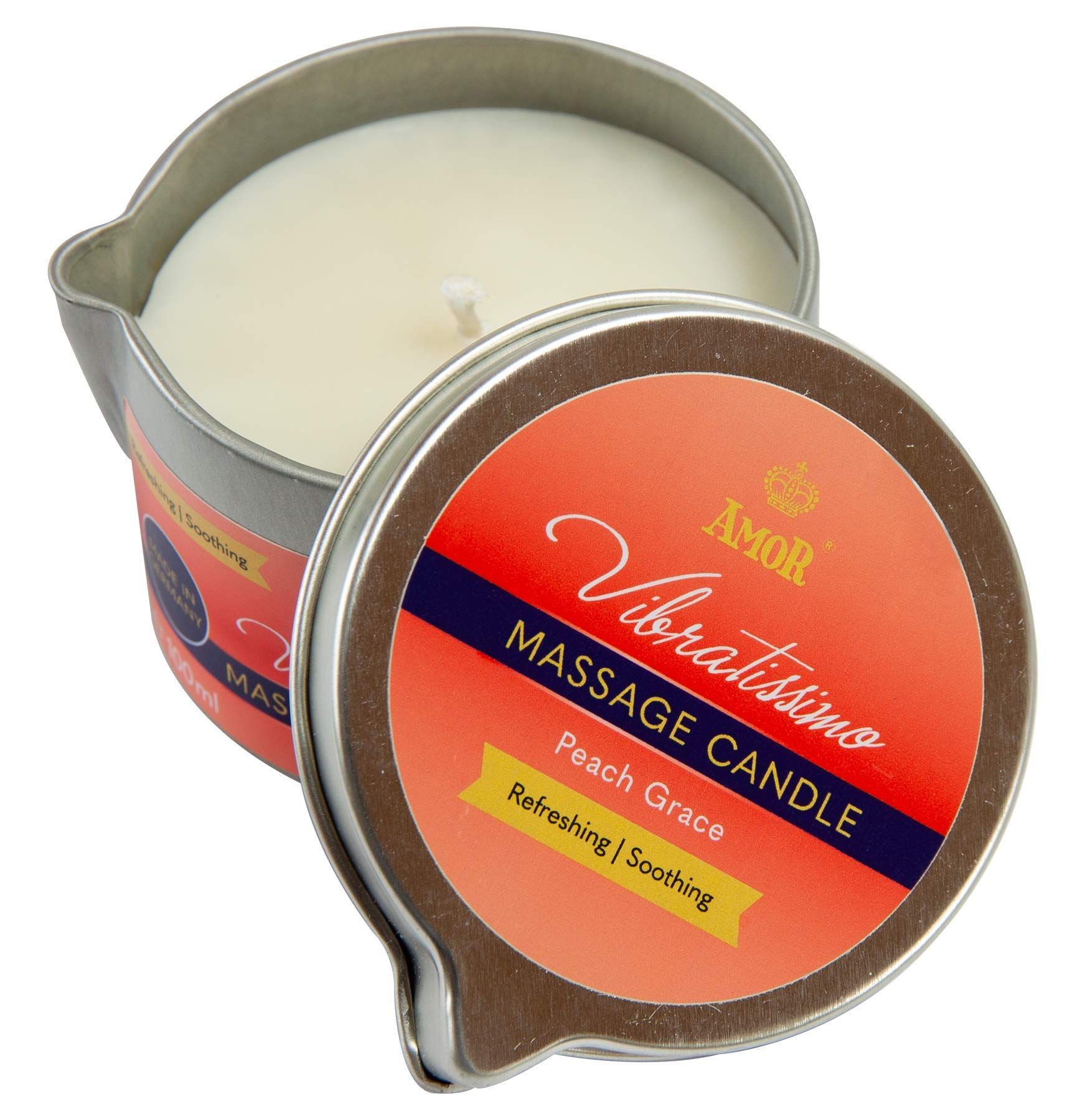Vibratissimo Massagekerze Peach Grace in Metalldose, geöffnet.