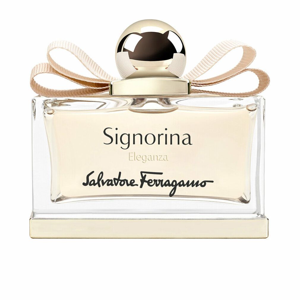 Rechteckiger Parfümflakon mit goldfarbenem Verschluss und Schleife. Aufschrift Signorina Eleganza und Salvatore Ferragamo.