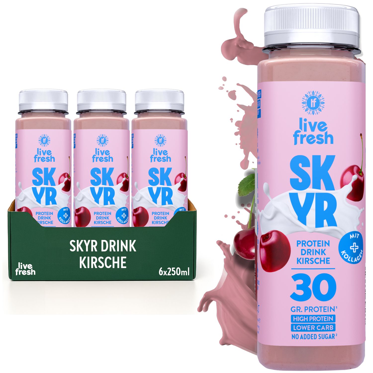 Mehrere Flaschen Skyr Drink Kirsche in einer Box und eine einzelne Flasche. Aufschrift: Skyr, Kirsche, 30g Protein, High Protein, Lower Carb, No Added Sugar.