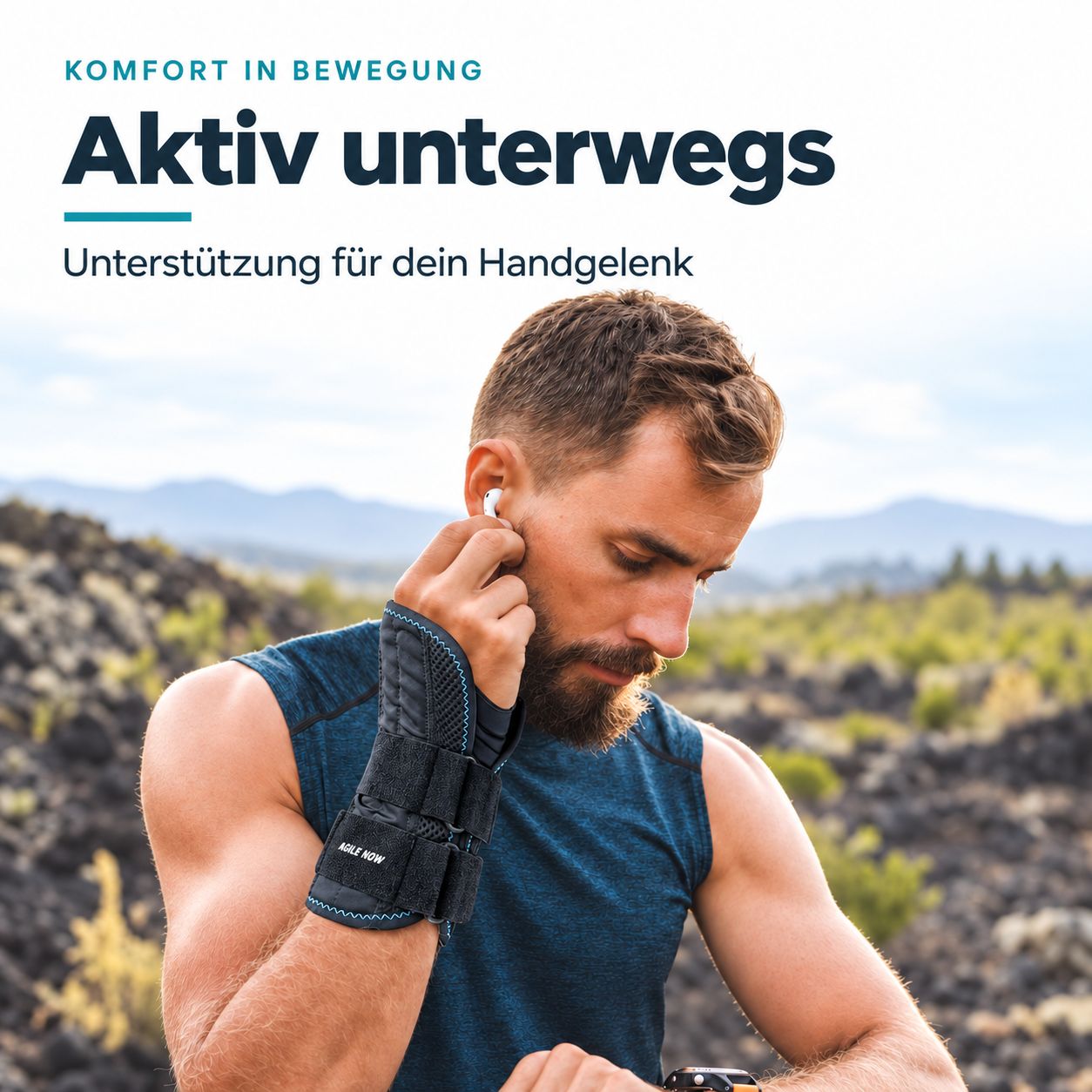 Mann trägt Handgelenkbandage beim Laufen in felsiger Landschaft. Unterstützt Aktivität.