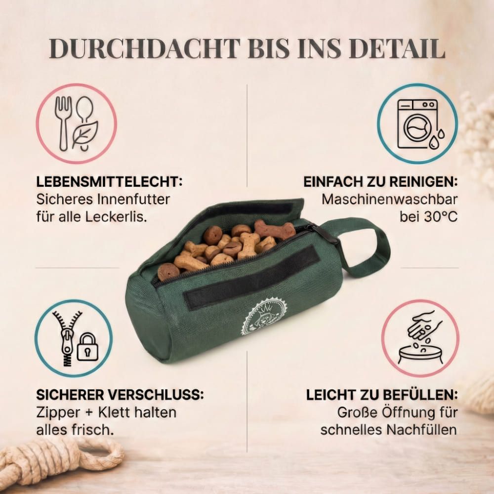 Grüner Futterbeutel mit geöffnetem Deckel. Text: Lebensmittelecht, leicht zu reinigen, sicherer Verschluss, leicht zu befüllen.