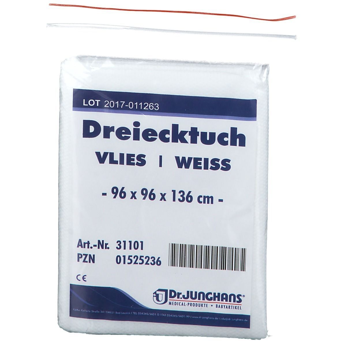 Weißes Dreiecktuch aus Vlies, verpackt. Maße: 96 x 96 x 136 cm. Aufdruck mit Produktinformationen und CE-Kennzeichnung. Marke: Dr. Junghans.