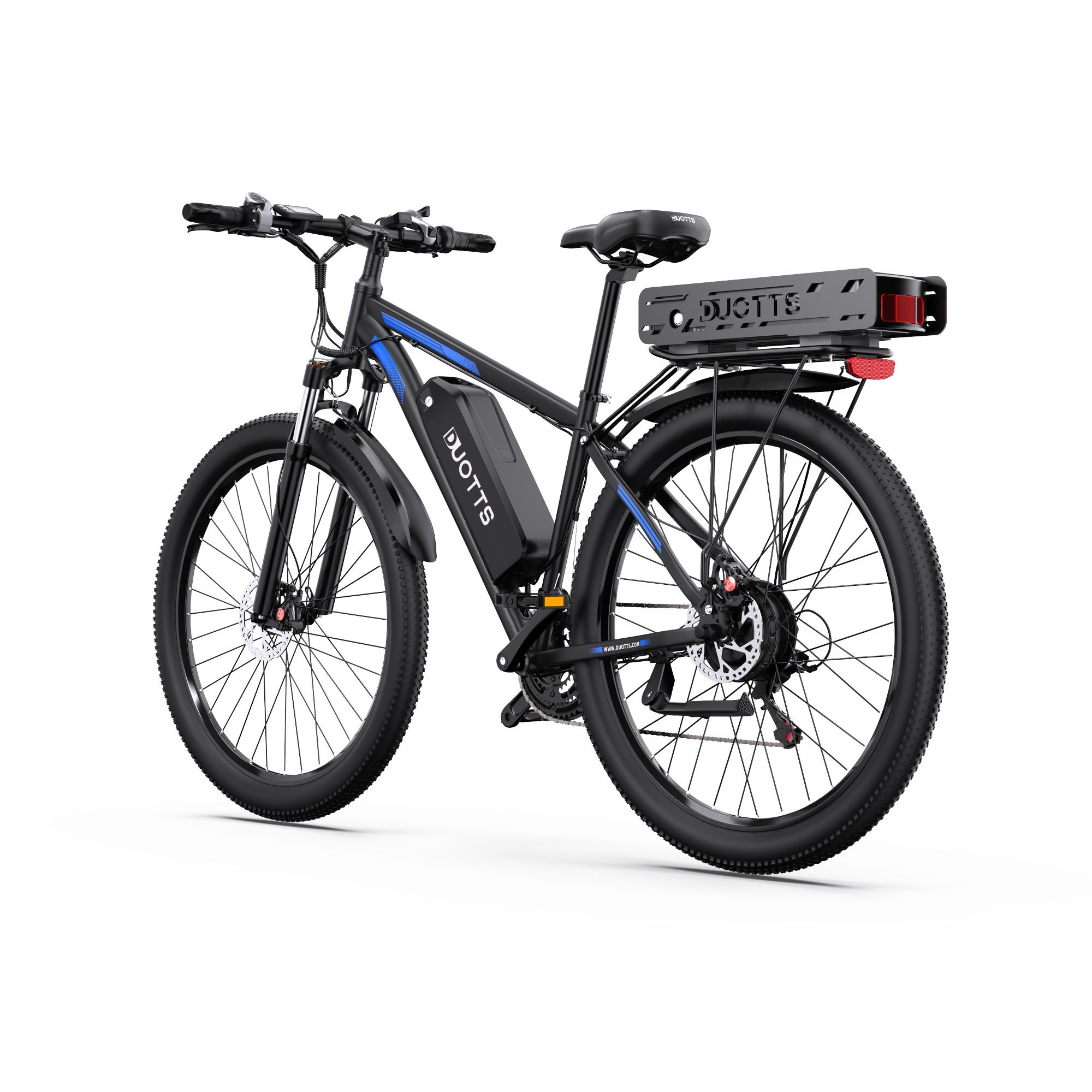 Schwarzes E-Bike mit blauen Akzenten. DUOTTS-Logo, Dual-Akku, Shimano 21-Gang. Rückansicht, weißer Hintergrund.