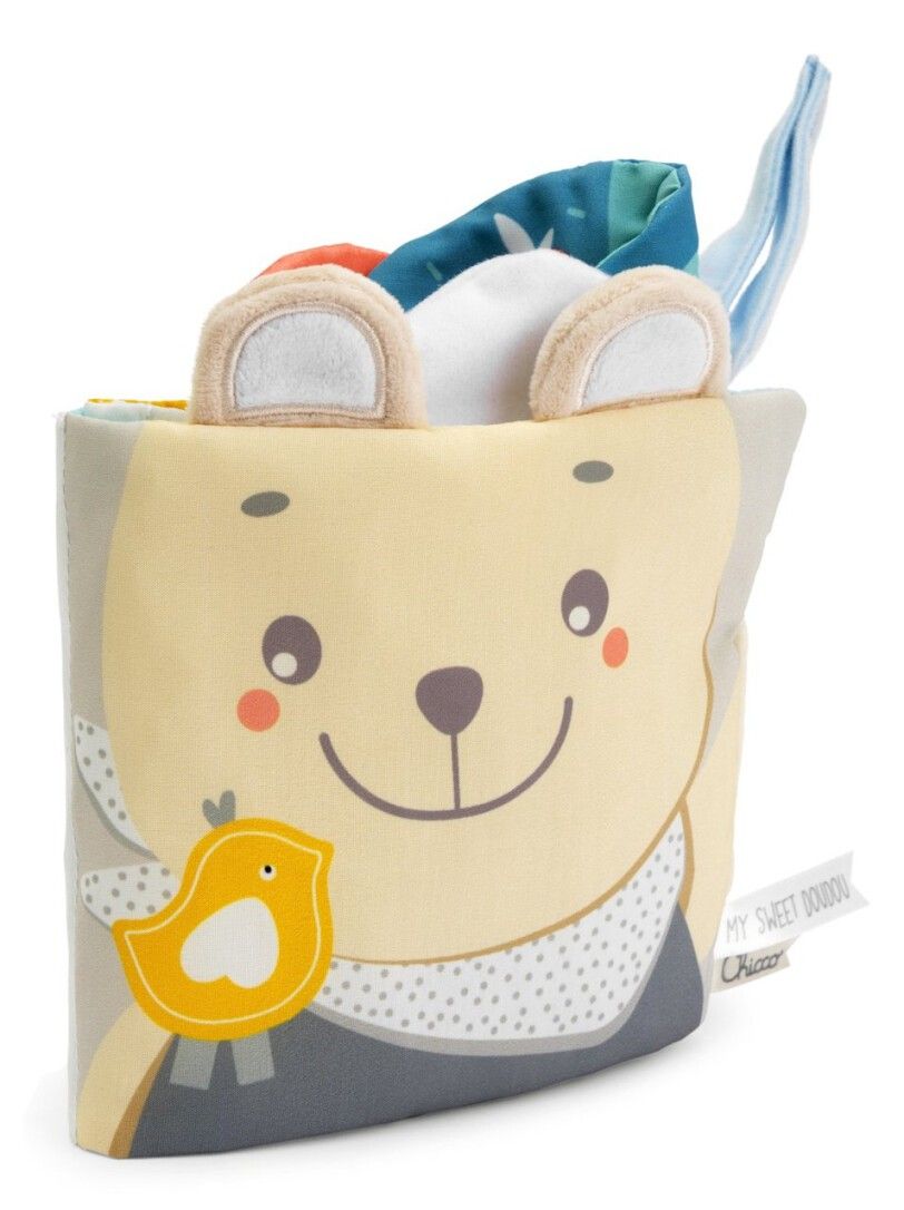 Weiches Aktivitätsbuch mit Bärenmotiv. Gelb, grau und blau. Mit Vogel- und Blätterdetails. Text: My Sweet Doudou.