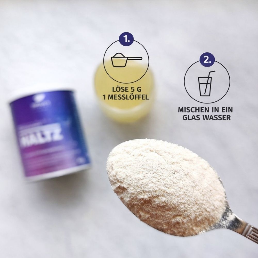 Nature's Finest HALTZ Dose und ein Glas des zubereiteten Getränks, 120g, 24 Portionen.