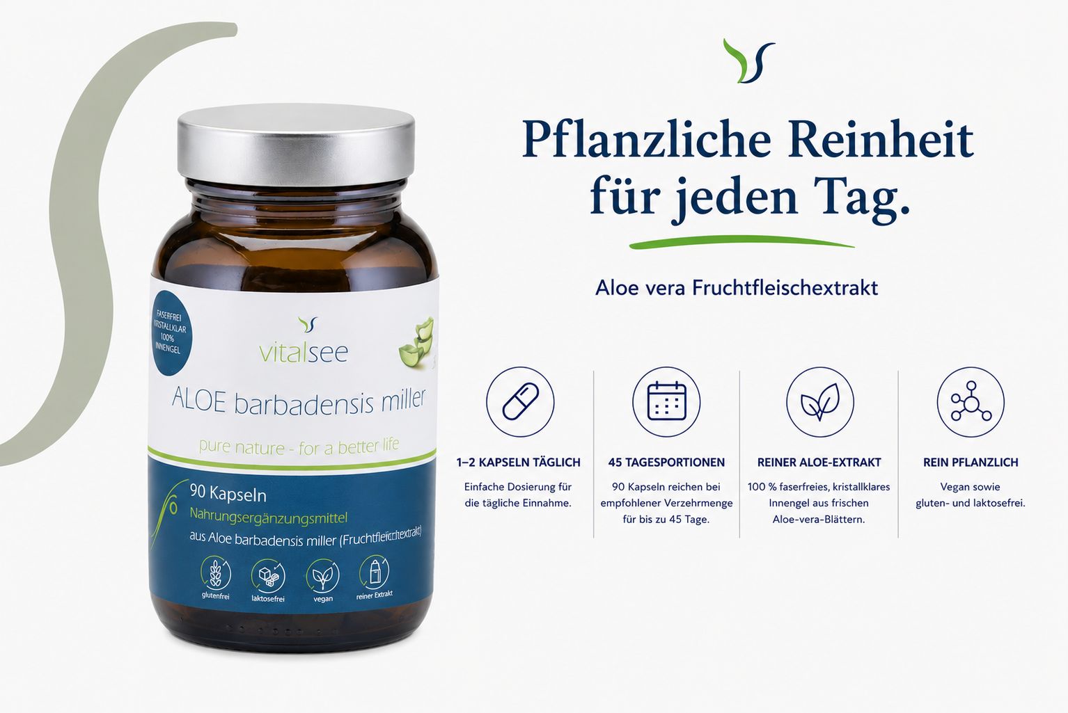Flasche mit 90 Aloe Vera Kapseln, daneben Icons für Kapsel, Kalender, Spritze und Molekül.