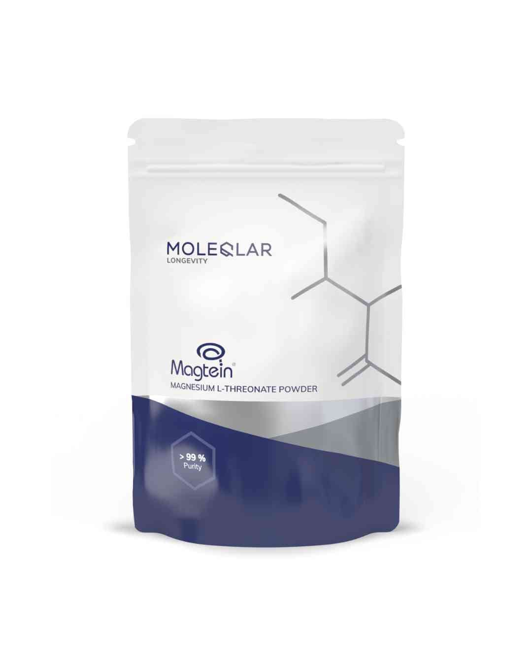 Beutel mit MoleQlar Magnesium L-Threonat Pulver. Weißer Beutel mit blauem und grauem Bereich. Aufschrift: Magtein, >99% Purity.