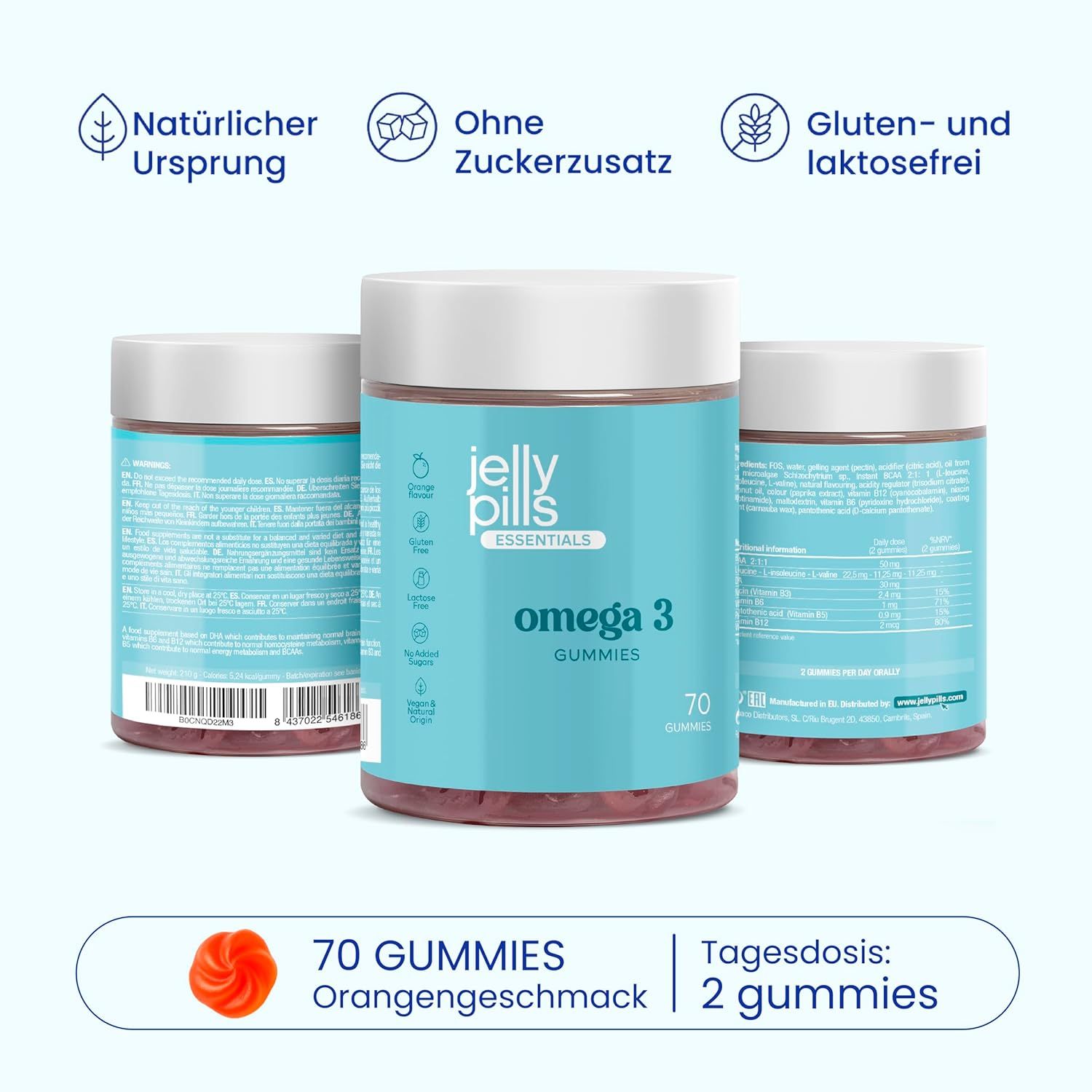 Drei Dosen Omega-3-Gummis. Aufschrift: Jelly Pills Essentials, 70 Gummies. Ein einzelnes Gummibärchen daneben. Text über Vorteile.