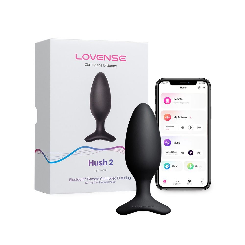 Verpackung mit schwarzem Analkegel und Smartphone. Text: Lovense Hush 2.