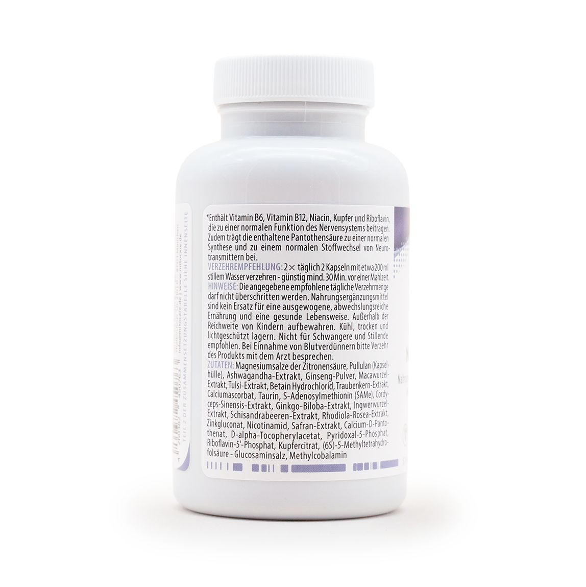 Rückseite einer MITOcare® NEUROadapt Kapseldose mit detaillierten Inhaltsstoffen und Anwendungshinweisen.