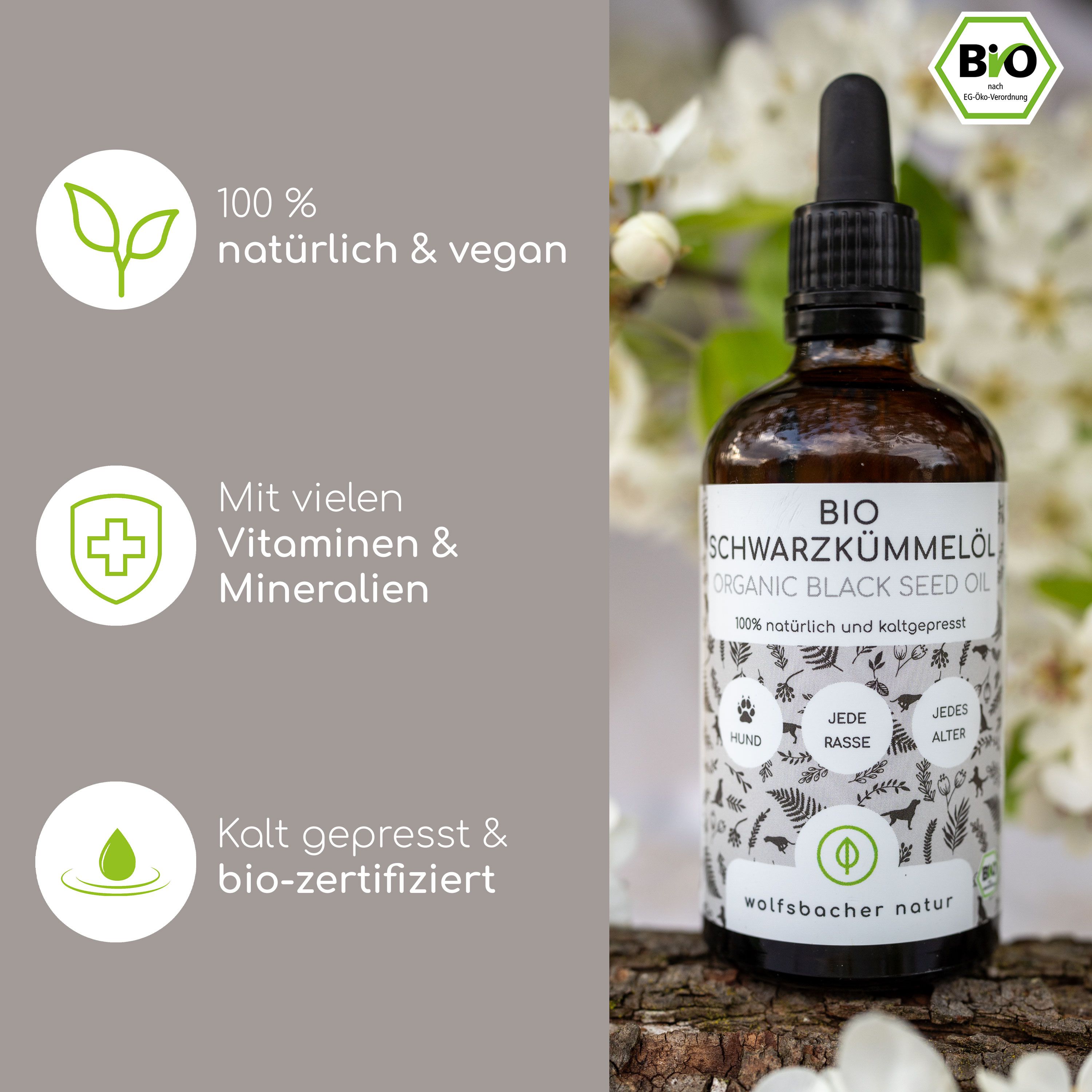 Braune Flasche Schwarzkümmelöl. Icons: Vegan, Vitamine, kaltgepresst. Text: BIO Schwarzkümmelöl. Bio-Siegel.