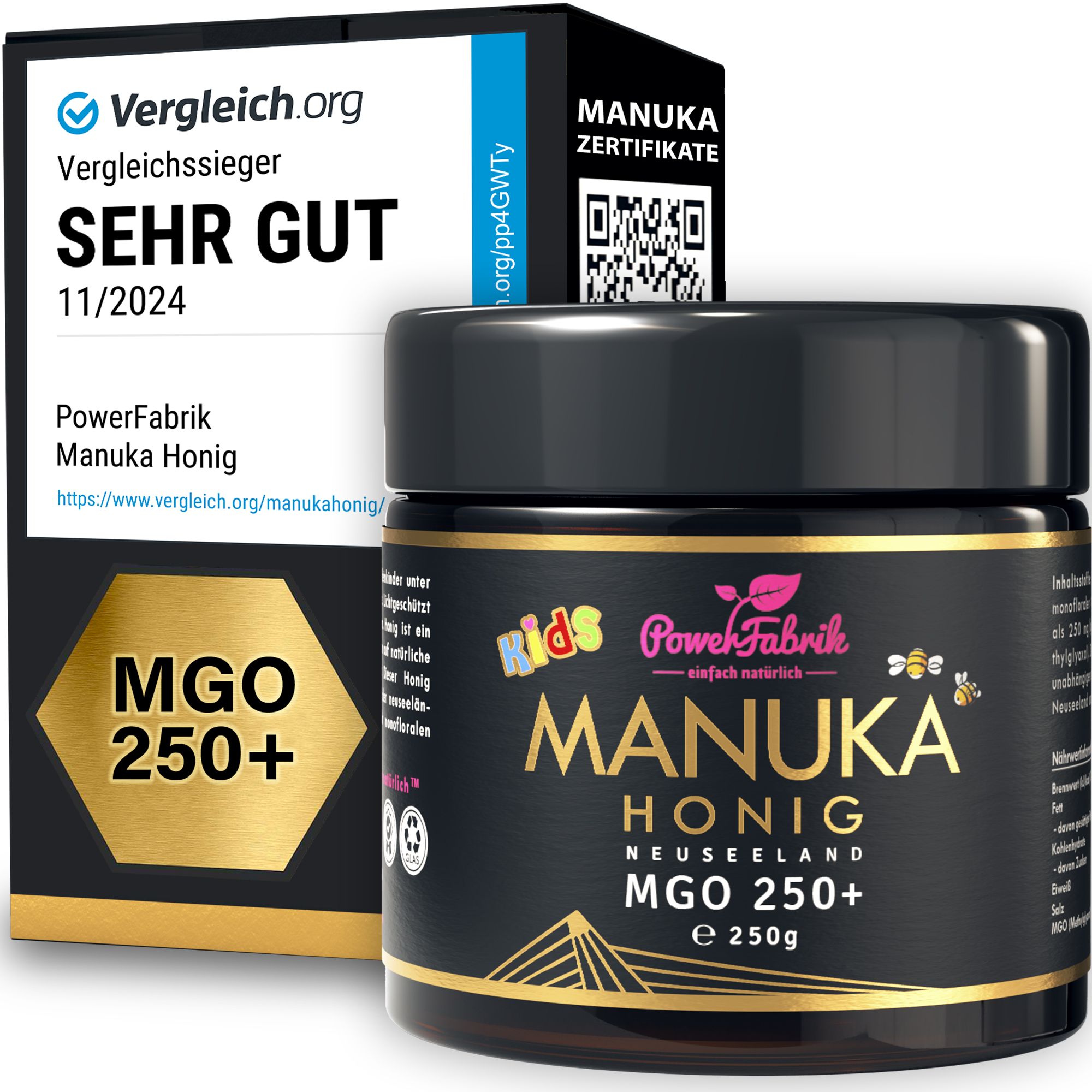 Glas mit Honig und Verpackung. Aufschrift: PowerFabrik Manuka Honig, MGO 250+.