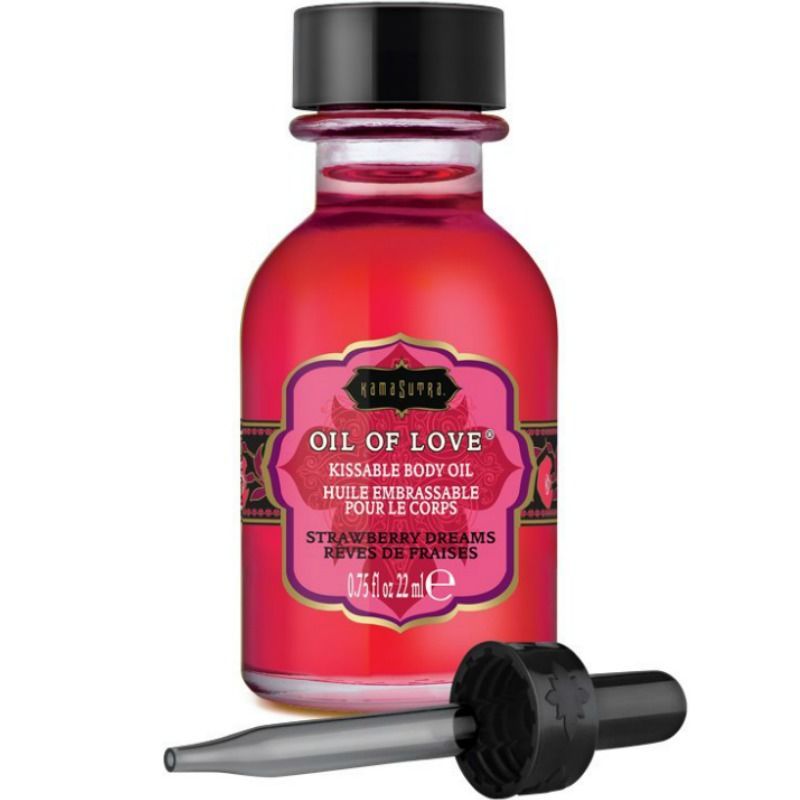 Rote Flasche mit schwarzem Verschluss und Pipette. Aufschrift: Oil of Love, Erdbeerträume.