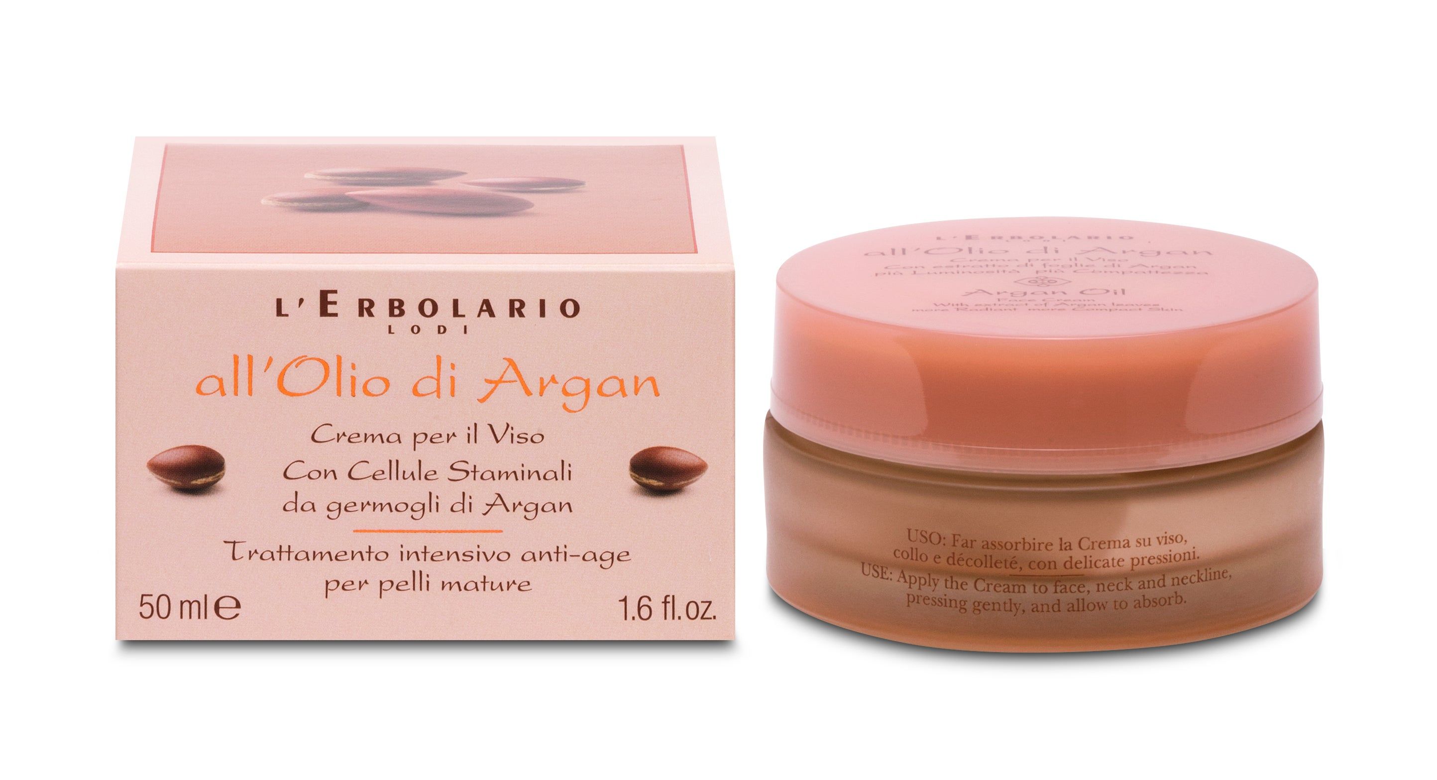 Creme-Dose und Schachtel. Aufschrift: L'Erbolario all'Olio di Argan. Anti-Aging-Creme für reife Haut.