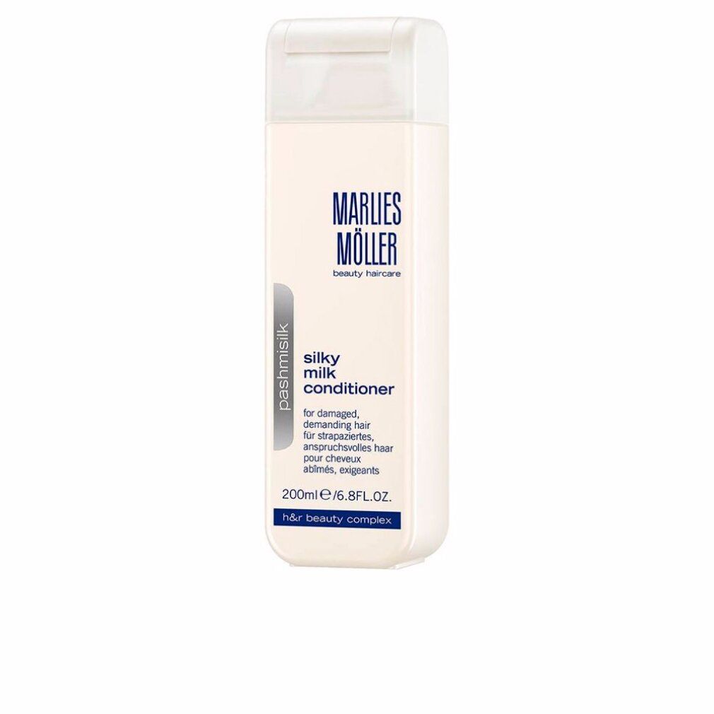 Rechteckige, weiße Flasche. Aufschrift: Marlies Möller, Silky Milk Conditioner. Text in Deutsch, Französisch, Englisch.