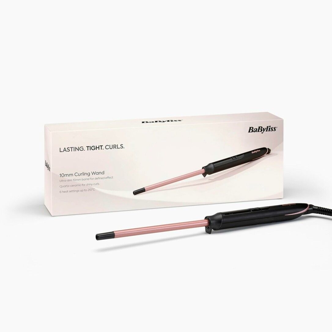 Verpackung des Lockenstabs. Weißer Karton mit Produktabbildung und Schriftzug.