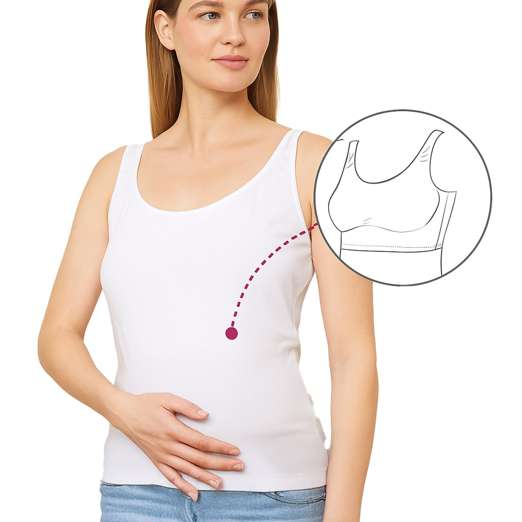 Weißes Umstandstop mit integriertem BH. Frau hält Bauch. Detailzeichnung des BHs.