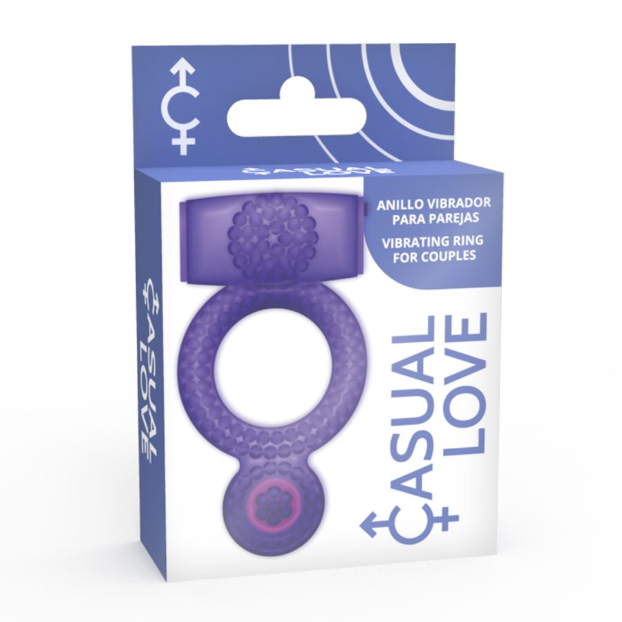 Verpackung eines lila Penisrings mit Vibration. Produktname "Casual Love" und Text "Vibrating Ring for Couples".