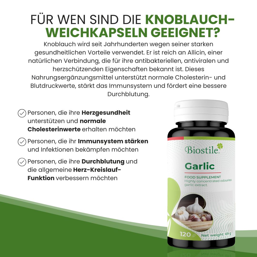 Ein Behälter Biostile Garlic Kapseln neben einer Liste von Anwendungsbereichen für Herzgesundheit und Immunsystem.