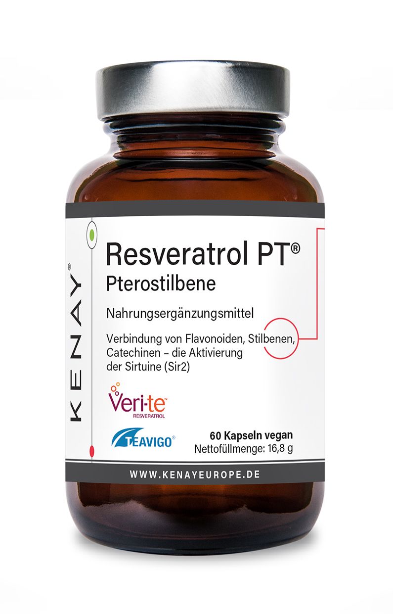 Braune Glasflasche mit weißen Etikett. Resveratrol PT Pterostilbene, Nahrungsergänzungsmittel. KENAY® Logo. 60 Kapseln vegan. Veri-te.