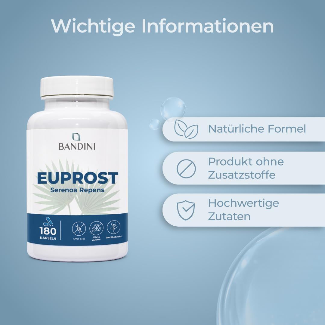 Flasche mit Bandini Euprost Kapseln, 180 Stück, mit Hinweisen zu natürlicher Formel und Zutaten.