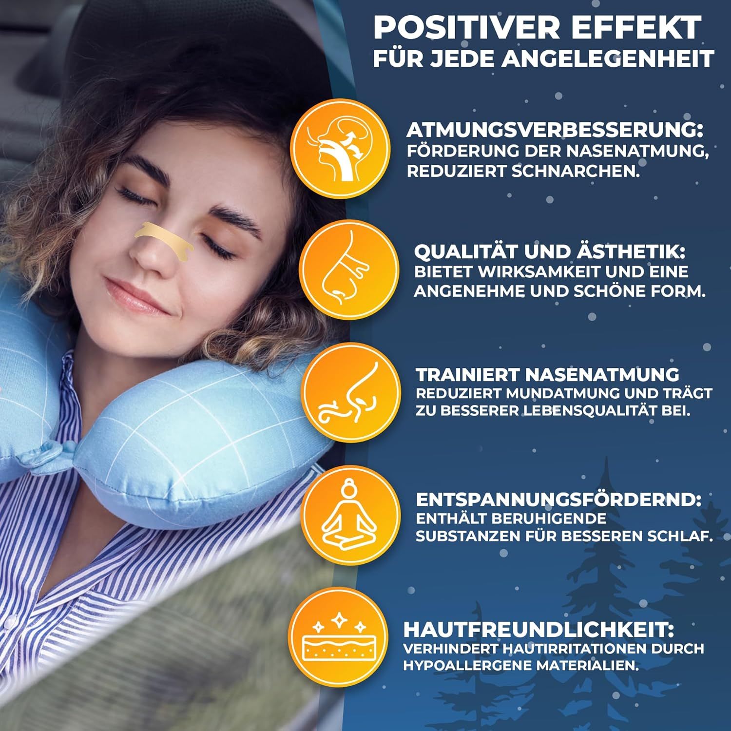 Frau mit Nasenpflaster, lächelt. Grafiken und Text: Atmungsverbesserung, Qualität und Ästhetik, Trainiert Nasenatmung, Entspannungsfördernd, Hautfreundlichkeit.