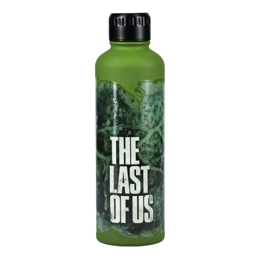 Grüne Metallflasche mit schwarzem Deckel. Aufdruck: "THE LAST OF US". Motiv: Blätter. Flaschenform.