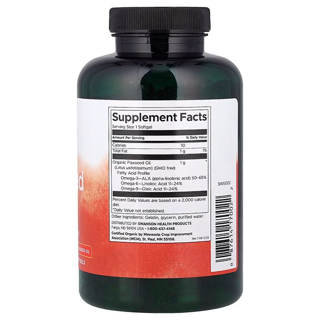 Rückseite der grünen Flasche. Etikett mit Nährwertangaben und Inhaltsstoffen. Marke SWANSON.