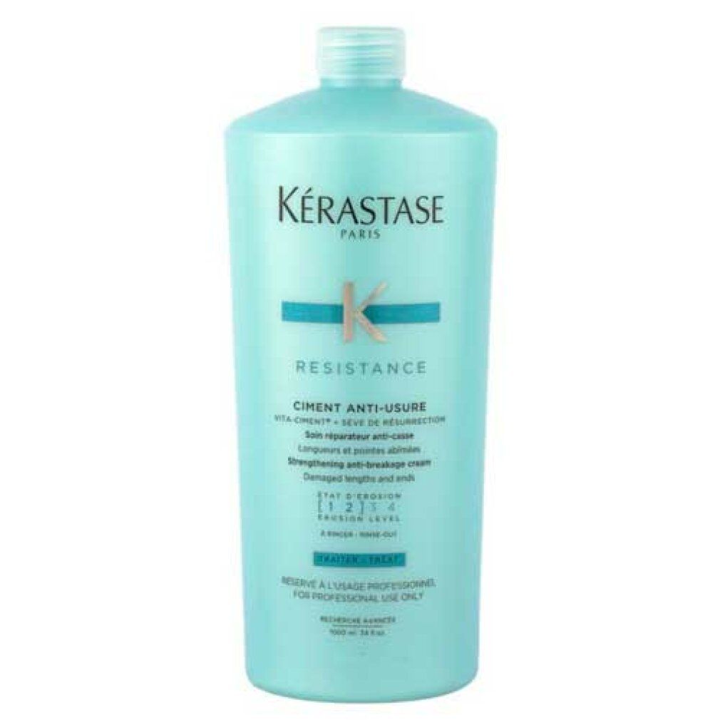 Kerastase Resistance Ciment Anti-Usure Cream. Hellblaue Flasche mit weißem Deckel. Produktname und Logo sichtbar.