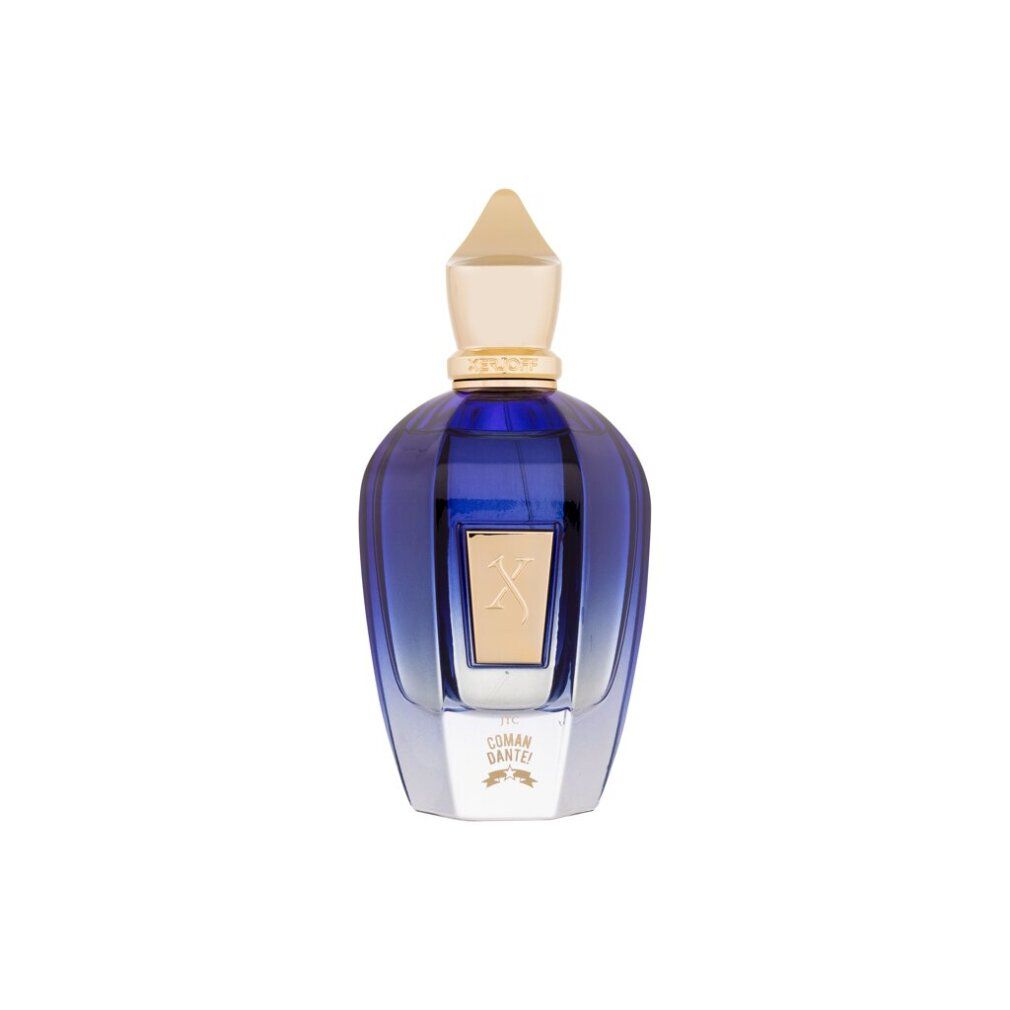 Blaues Xerjoff Comandante Eau de Parfum mit goldener Kappe. Goldfarbenes Logo auf dem Flakon.