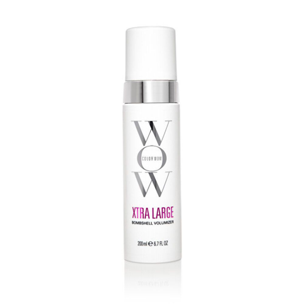 Weiße Flasche mit silbernem Verschluss. Text: COLOR WOW, Xtra Large, Bombshell Volumizer. 200 ml.