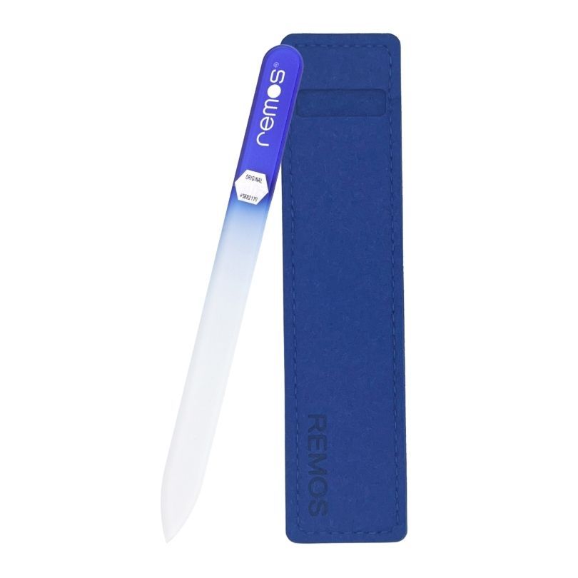 Glasnagelfeile mit blauem Griff und Etui. Marke: remos. Etui blau.