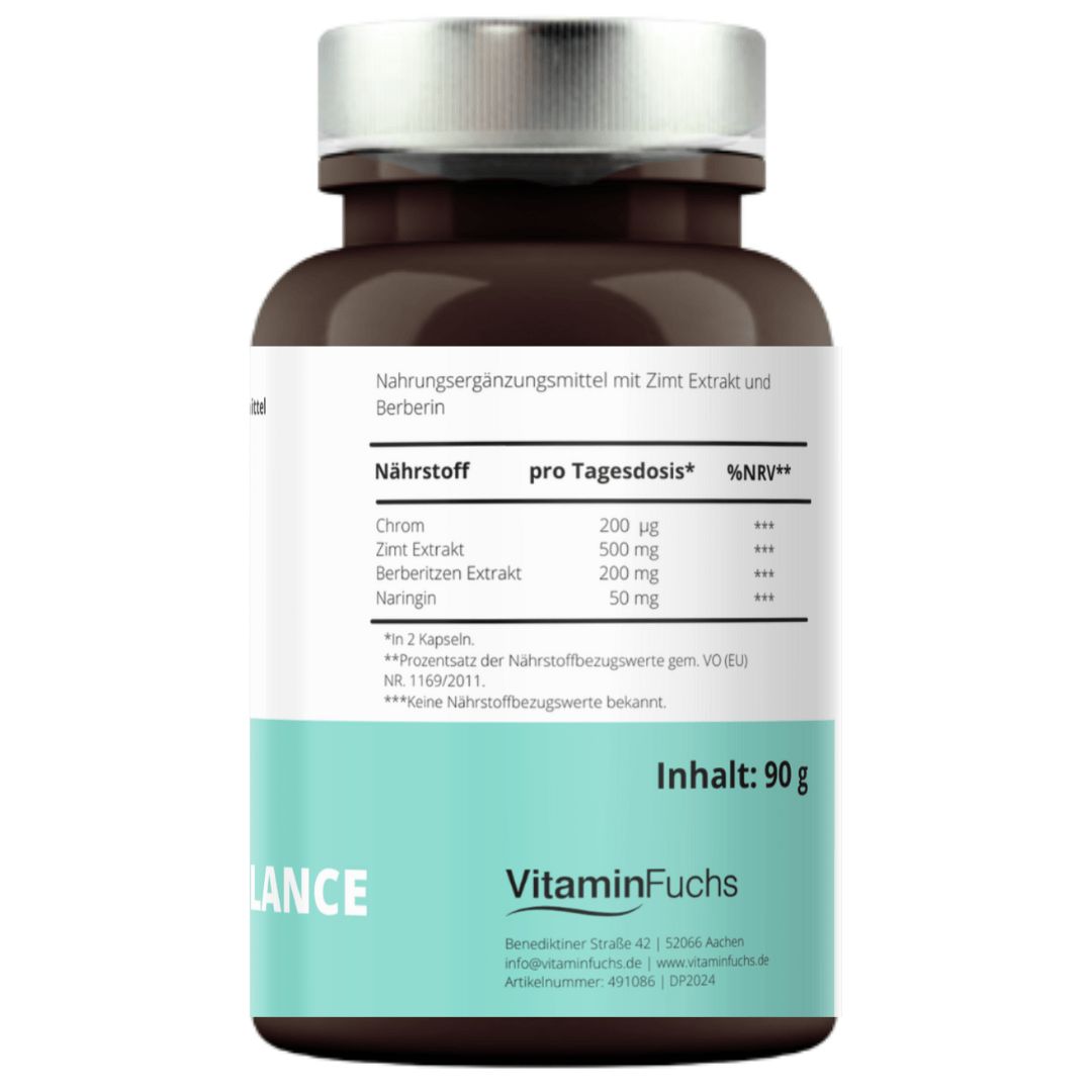 Braune Flasche mit weißem Etikett. Aufschrift: Nahrungsergänzungsmittel, Inhaltsstoffe, Nährwerttabelle. Logo: VitaminFuchs. Inhalt: 90 g.