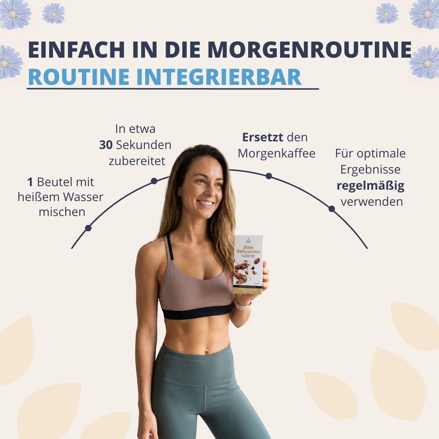 Frau mit Golden Tree SlimBellyccino Packung, integrierbar in Morgenroutine, 30 Sek. Zubereitung.